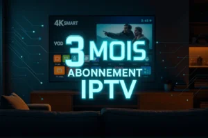 Hero banner showing abonnement IPTV 3 mois with 4KSMART streaming interface in a modern living room.