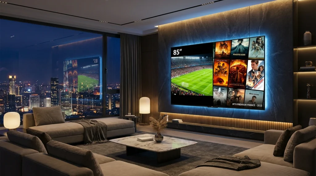 Abonnement IPTV 6 MOIS STANDARD sur une grande TV 4KSMART dans un salon moderne, affichant du sport en direct et des films en qualité IPTV HD/4K