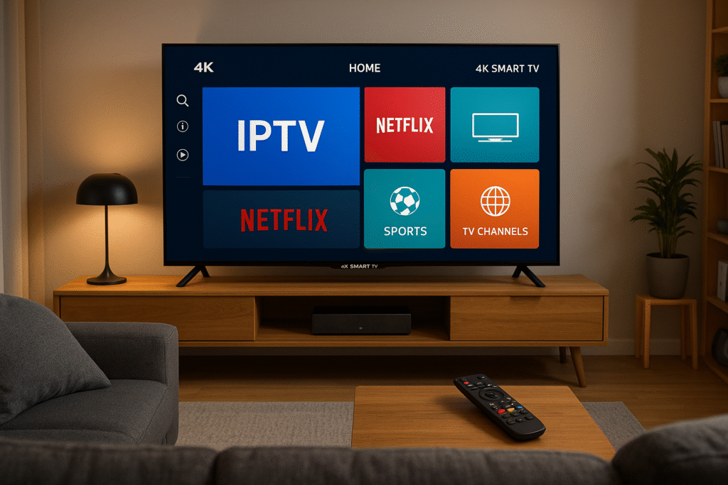 Illustration d’un salon moderne équipé d’une Smart TV affichant une interface IPTV – abonnement IPTV adapté avec qualité IPTV Smart TV