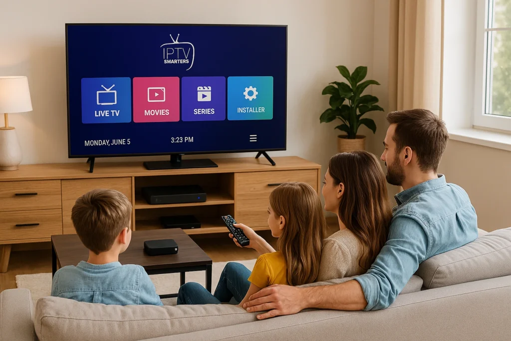 Famille connectée profitant d’un abonnement IPTV adapté dans un salon moderne avec IPTV Smarters Pro.