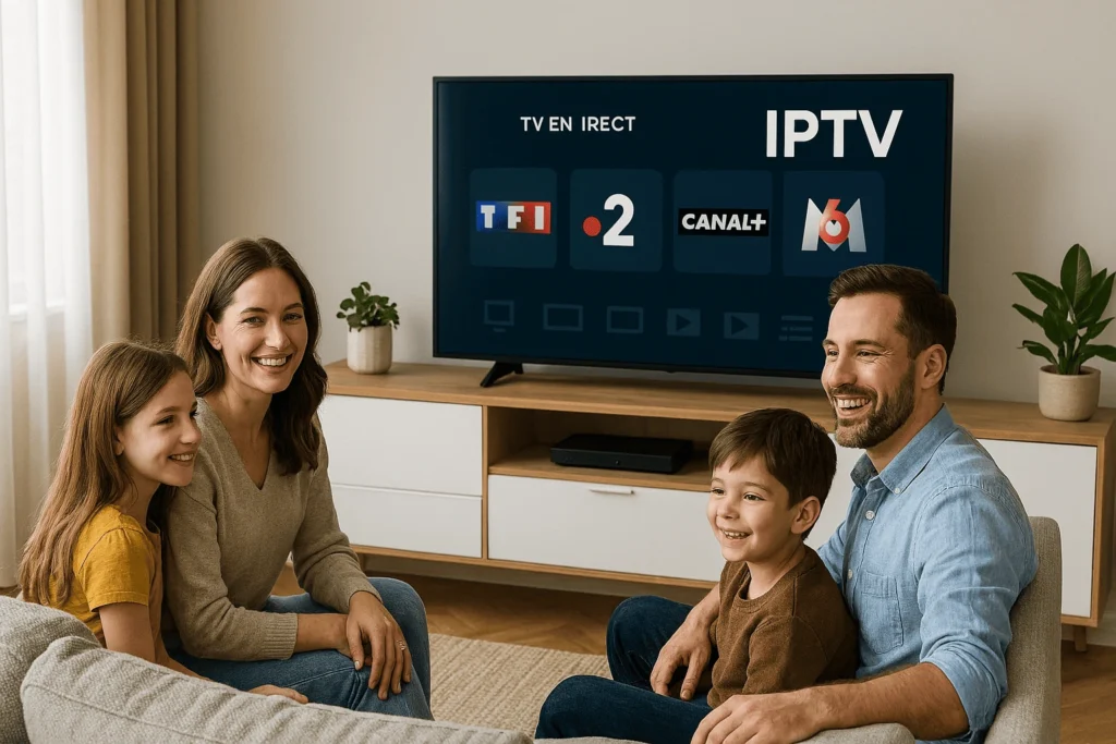 Famille profitant des Services IPTV Légaux dans un salon moderne avec TV en streaming légal en France