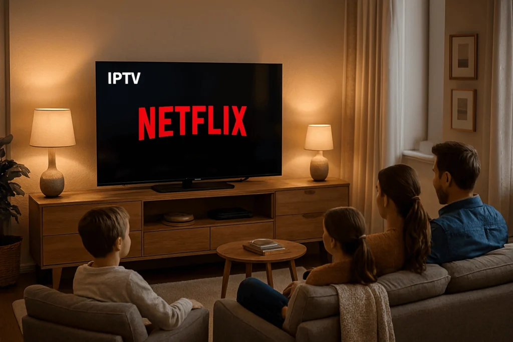 Famille profitant de Netflix via un abonnement IPTV fiable dans un salon moderne — meilleur fournisseur IPTV en France