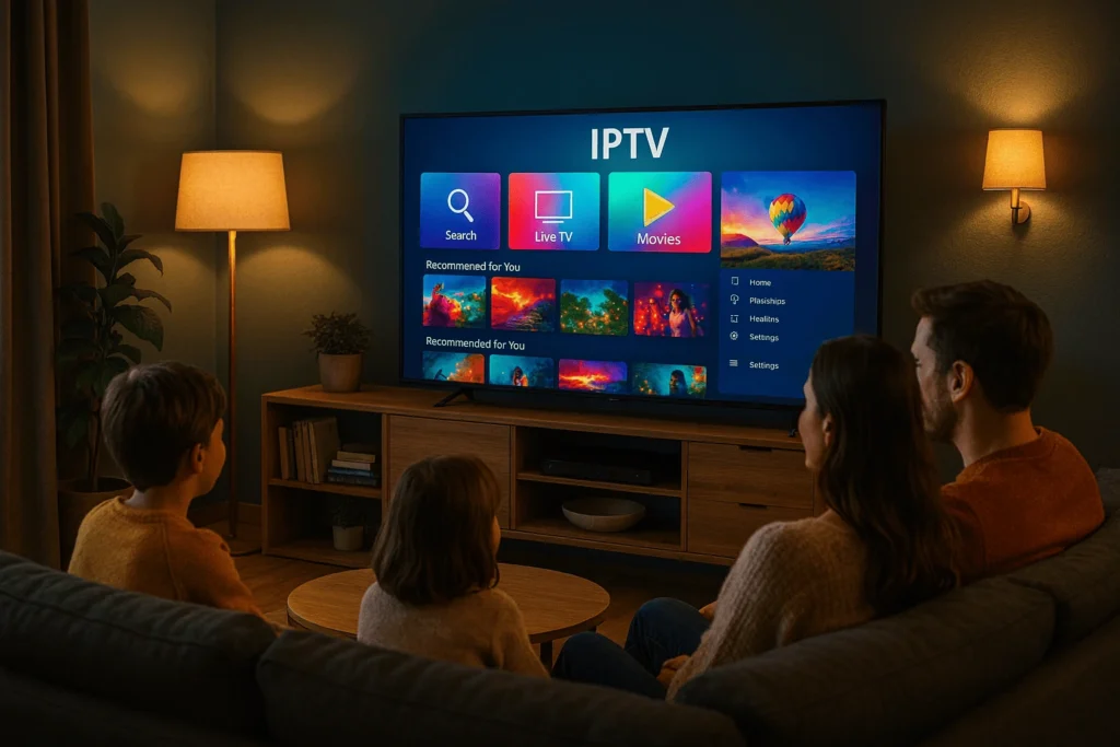 Famille profitant d’un abonnement IPTV express dans un salon moderne, illustrant une expérience iptv fluide et instantanée