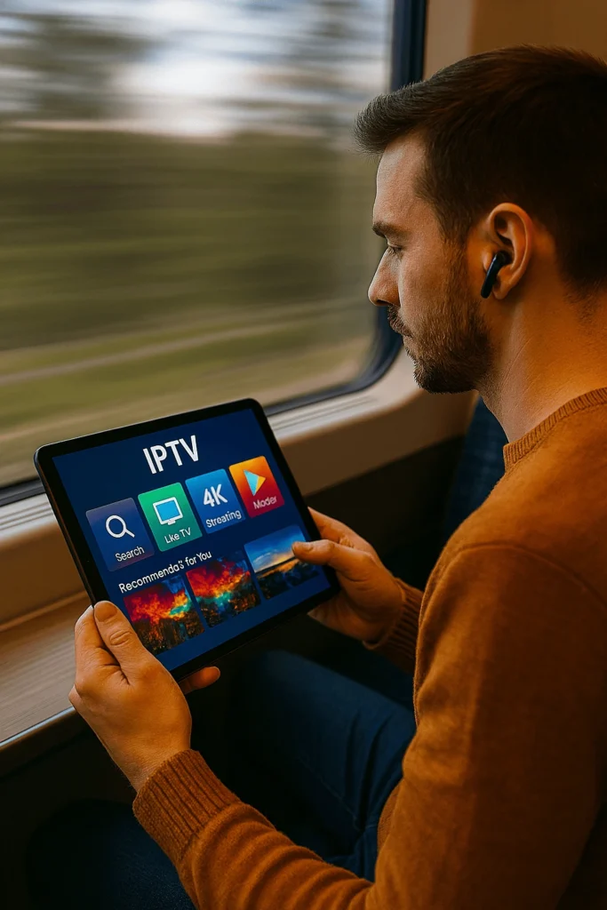 Utilisateur profitant d’un abonnement IPTV express en déplacement, démontrant une expérience plus rapide IPTV