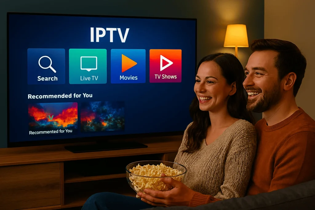 Clients satisfaits regardant un contenu IPTV instantané, illustrant une expérience plus rapide IPTV