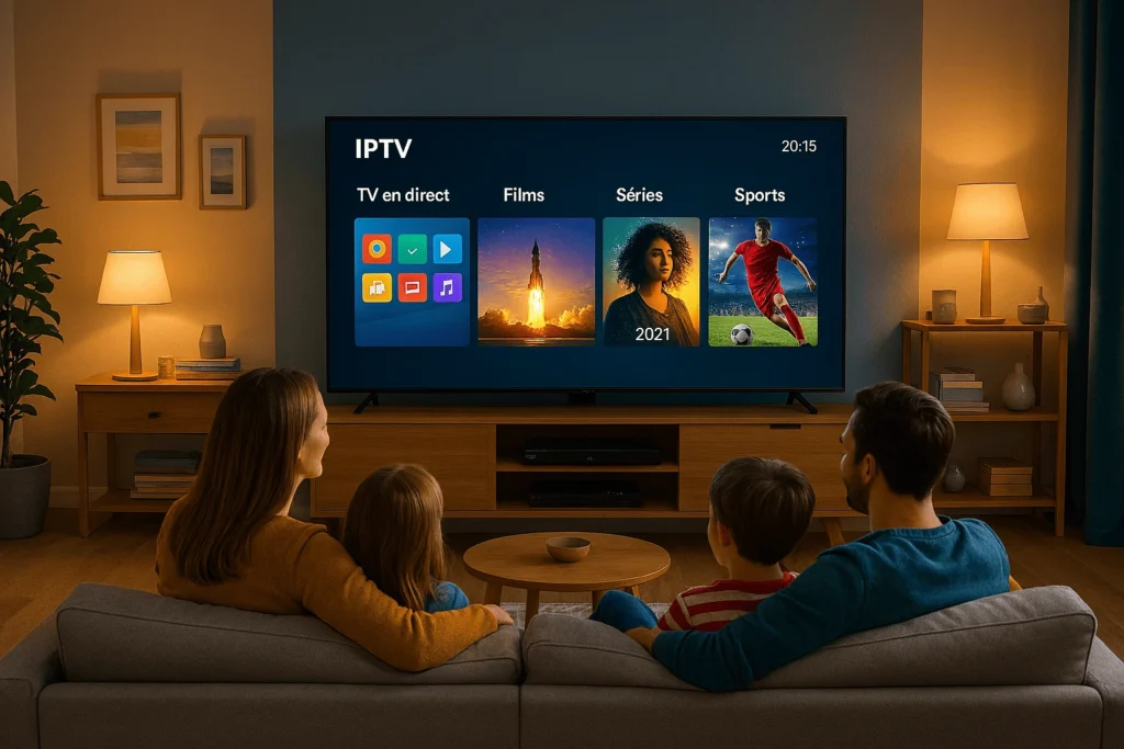 Famille profitant d’un abonnement IPTV fiable sur une Smart TV avec streaming fluide en 4K