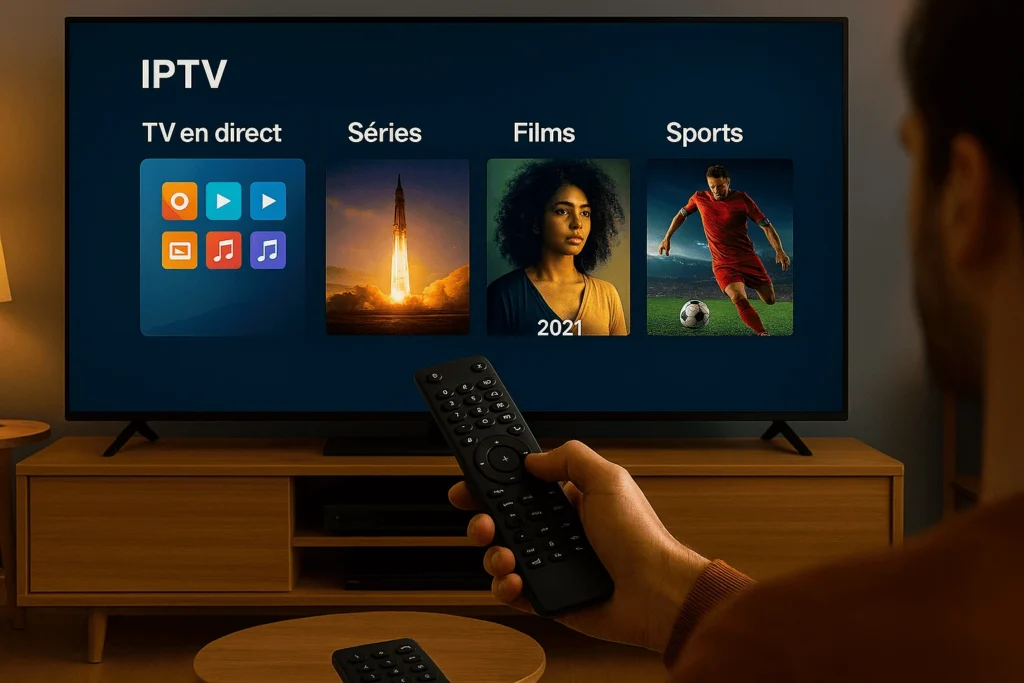 Interface IPTV sécurisé montrée sur une télévision connectée, illustrant un abonnement IPTV fiable