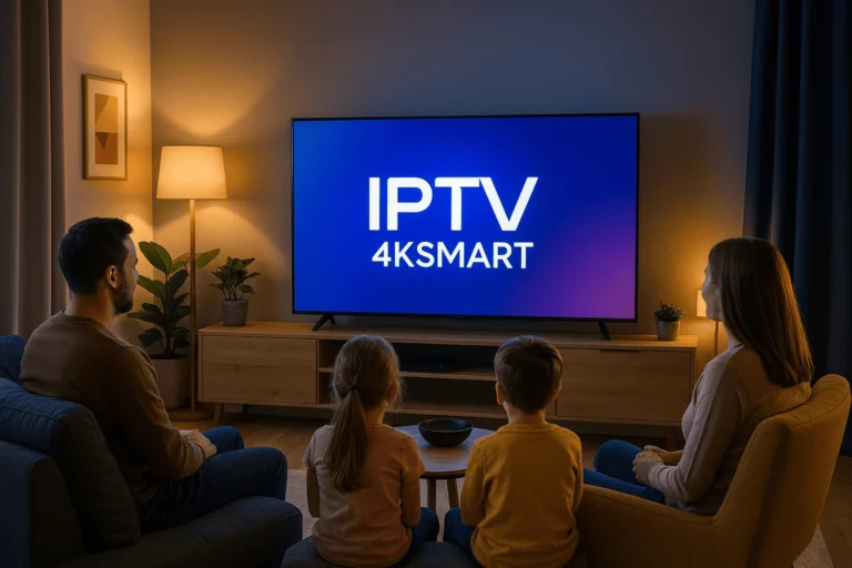 Famille testant notre service avec essais IPTV sur une Smart TV 4K dans un salon moderne