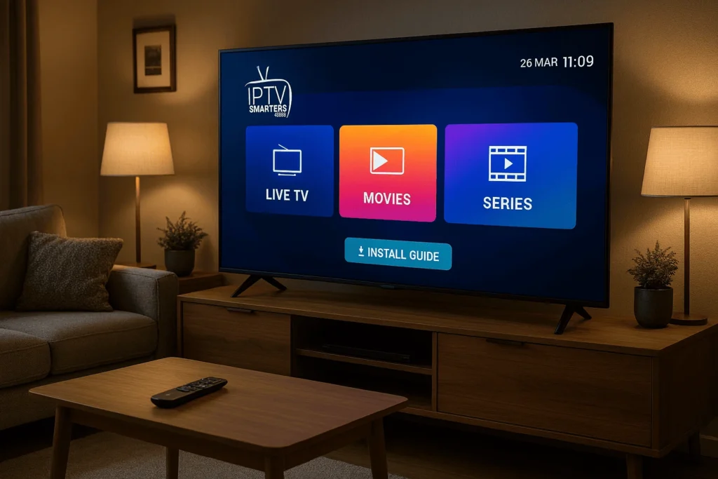 Interface élégante de [iptv smarters abonnement] affichée sur une TV connectée dans un salon moderne – idéal pour un usage familial et premium