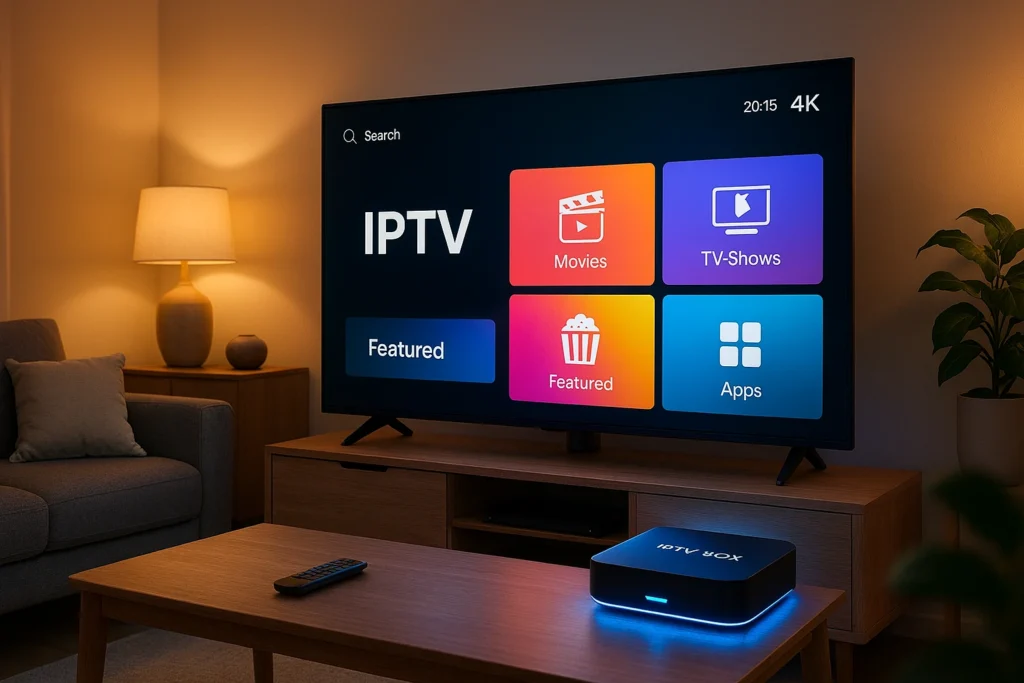 Meilleur box IPTV 2025 dans un salon moderne avec interface 4K, idéale pour une expérience IPTV haute qualité et fiable