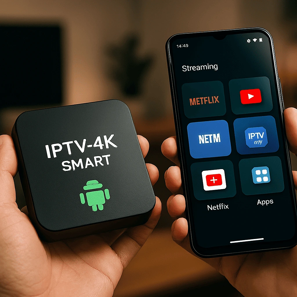 Box IPTV Android 2025 connectée à une application mobile pour une expérience IPTV fluide et rapide