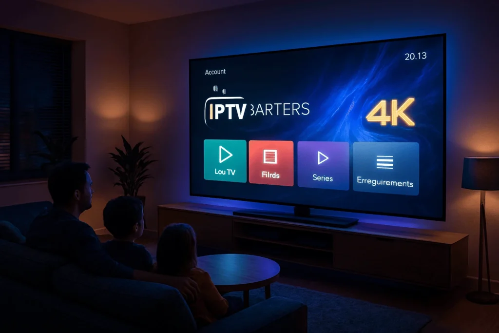 Interface moderne de l’IPTV Smarters App affichée sur une TV 4K dans un salon futuriste — application IPTV Android pour streaming ultra HD en 2025