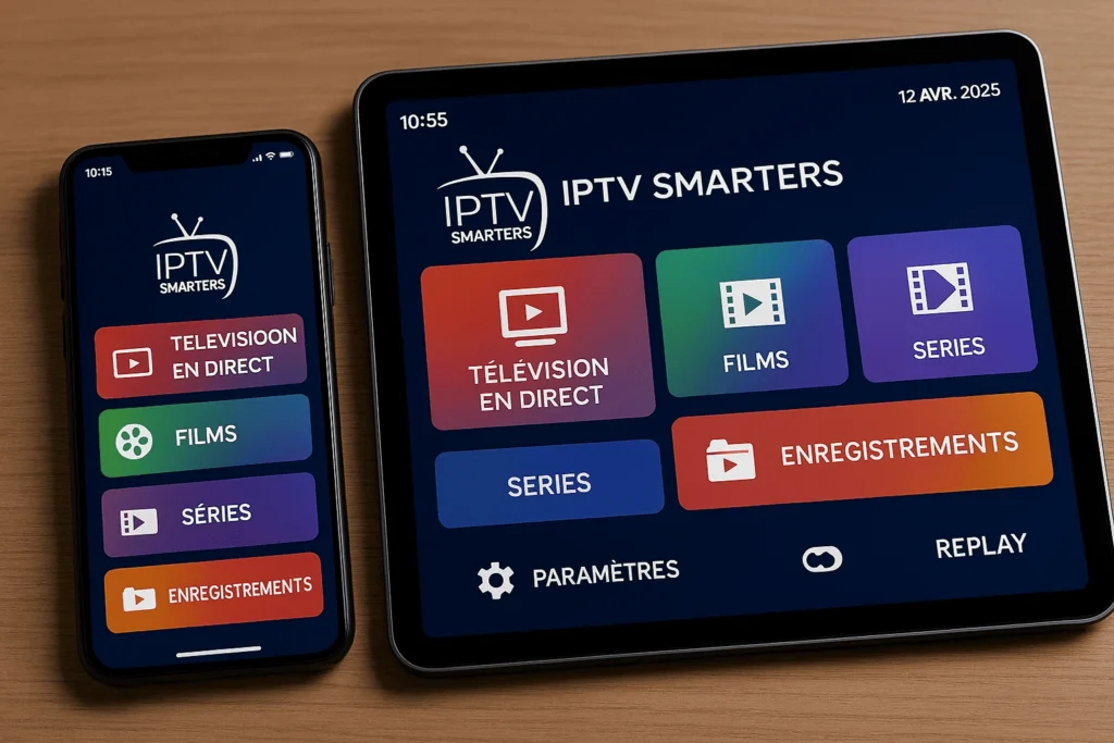 Vue rapprochée de l’application IPTV Smarters App sur mobile et tablette — une solution IPTV Android populaire en France.