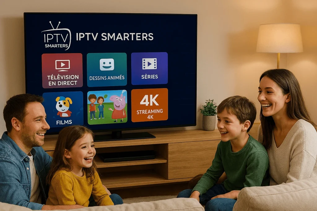 Famille française utilisant l’IPTV Smarters App — une application IPTV adaptée à tous les âges.