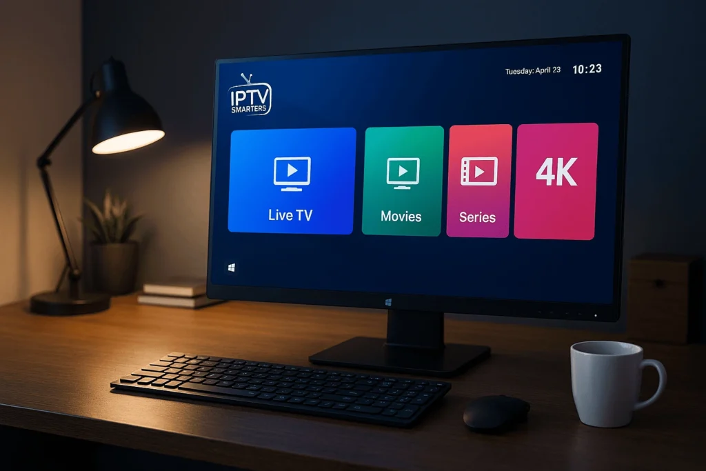 Modern workspace with a sleek Windows PC screen displaying IPTV Smarters interface, vibrant 4K visuals, and a user-friendly dashboard. Ambient lighting, tech-savvy atmosphere