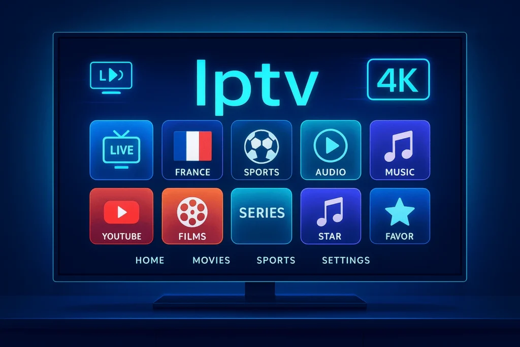 Interface IPTV 2025 avec chaînes françaises, sport et qualité 4K – iptv premium, iptv france, iptv 4k
