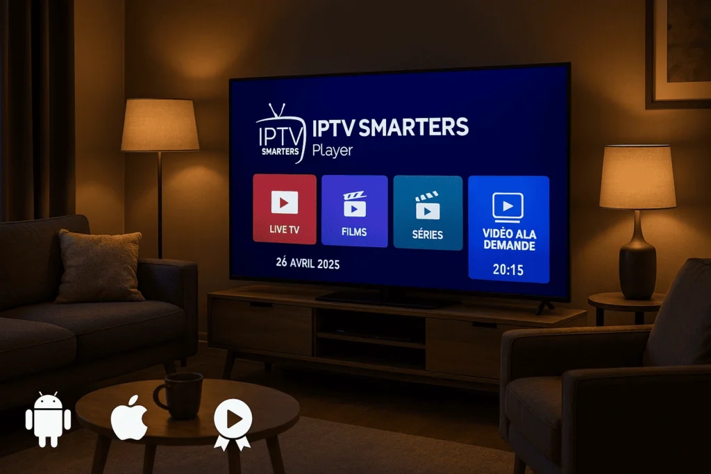 Interface moderne de l'application IPTV Smarters Player sur TV connectée – idéale pour IPTV France, Android, iOS, et IPTV premium.