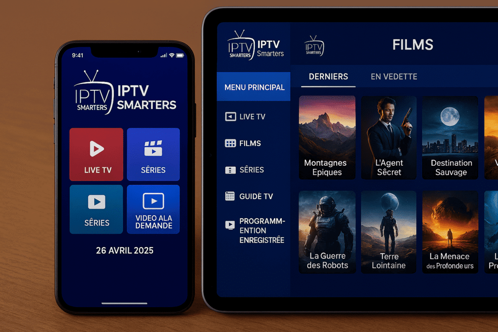 Vue mobile et tablette de l'application IPTV Smarters Player – compatible IPTV Android et IPTV iOS. 