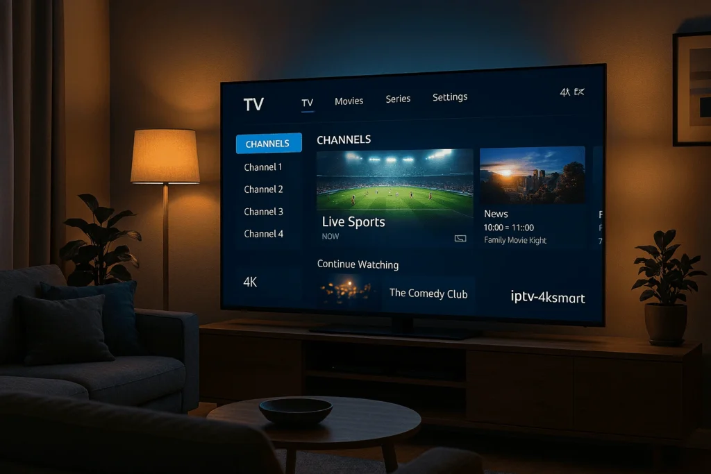 Interface IPTV 4K sur Smart TV dans un salon moderne — test iptv france, iptv 2025

