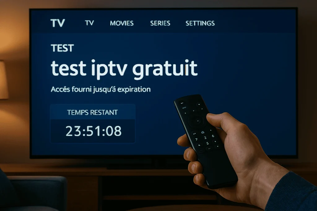 Interface de test iptv gratuit avec accès 24h affiché sur Smart TV

