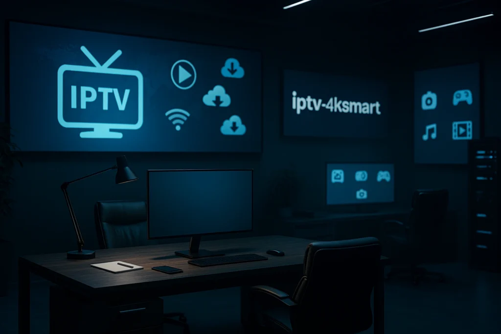 Bureau moderne d’une agence IPTV avec écrans numériques et ambiance technologique — meilleure agence IPTV en 2025.