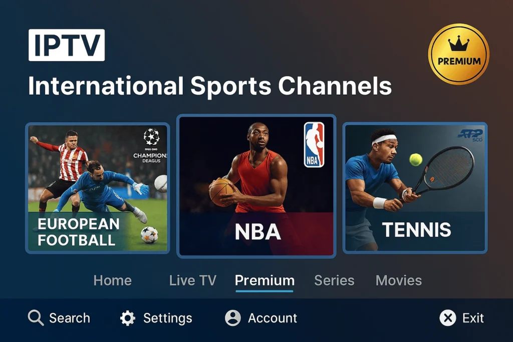 Interface IPTV premium avec chaînes sport internationales — IPTV sport international, IPTV premium, abonnement IPTV