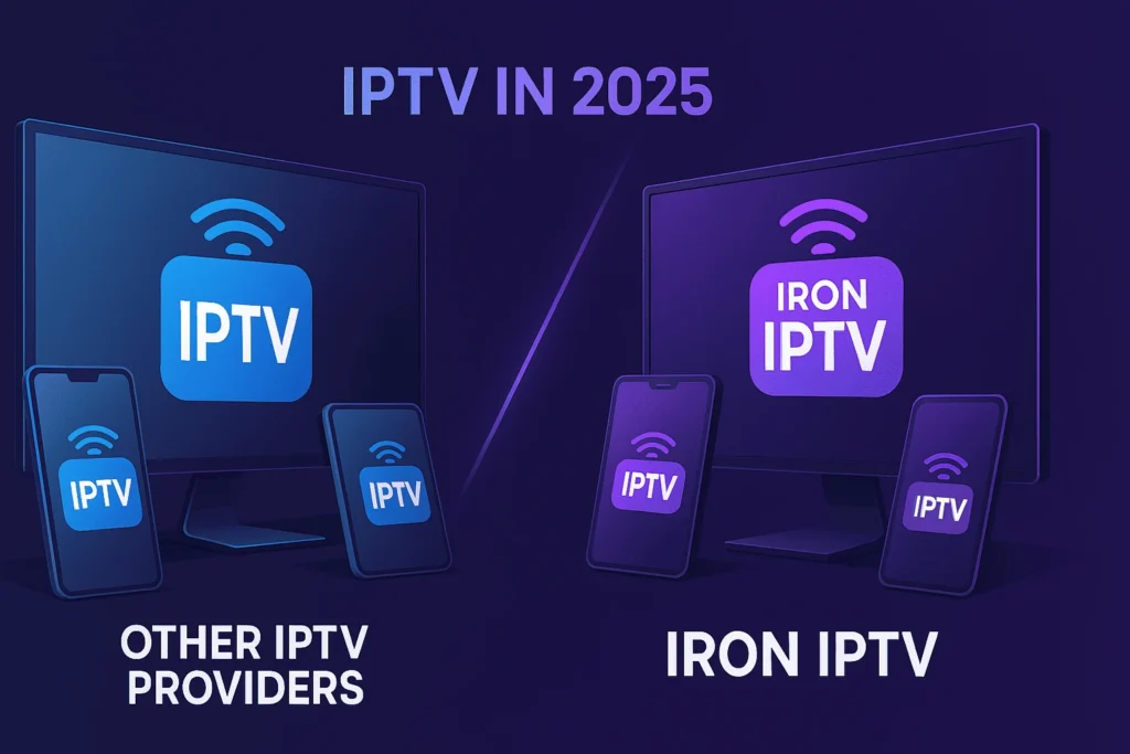 Comparatif Iron IPTV vs autres fournisseurs – Illustration moderne du meilleur fournisseur IPTV 2025 avec Iron IPTV mis en avant. 

