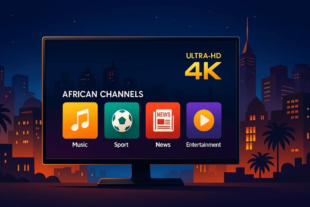 Illustration représentant un service IPTV OTT moderne avec streaming de chaînes en direct et contenus à la demande sur plusieurs appareils.