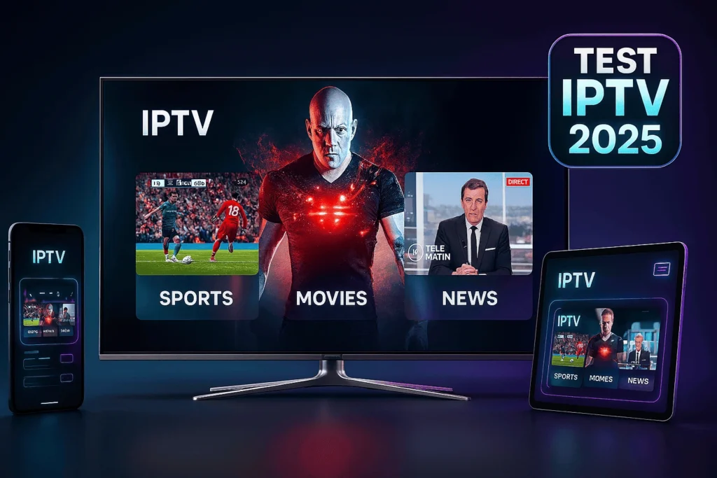 test iptv – Image promotionnelle 2025 montrant un service IPTV Premium en action sur TV 4K, smartphone et tablette, idéal pour un essai IPTV ou un abonnement IPTV France en qualité IPTV 4K