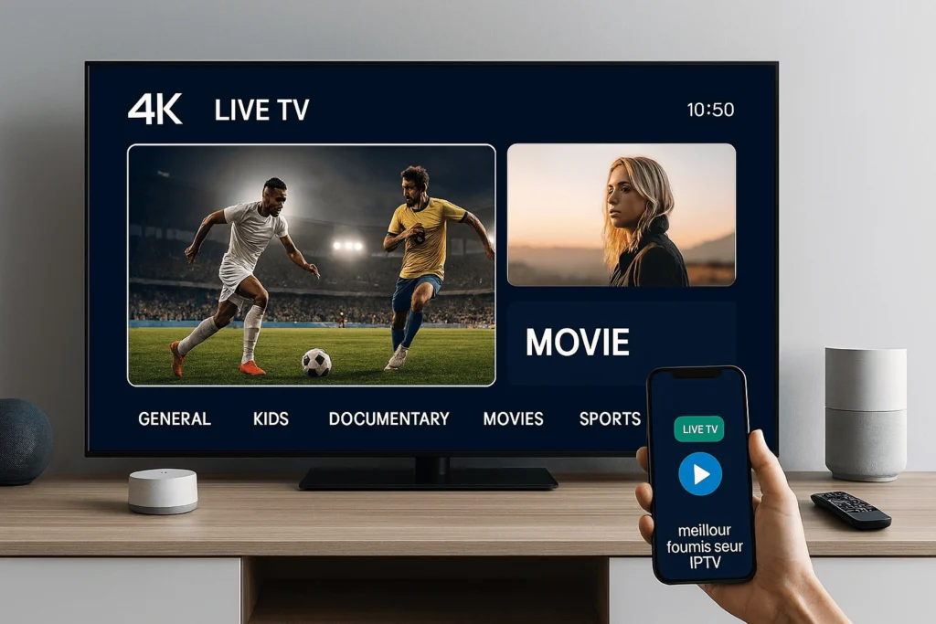 Meilleur fournisseur IPTV 2025 – Interface 4K sur un téléviseur intelligent dans un salon moderne