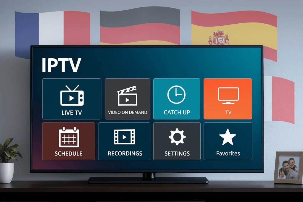 Fournisseurs IPTV Européens – interface moderne sur TV connectée avec drapeaux européens en arrière‑plan.