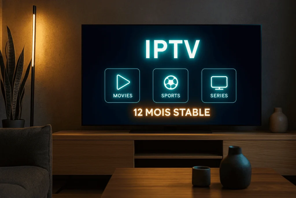 Post image showing IPTV 12 mois stable service with premium HD streaming interface.