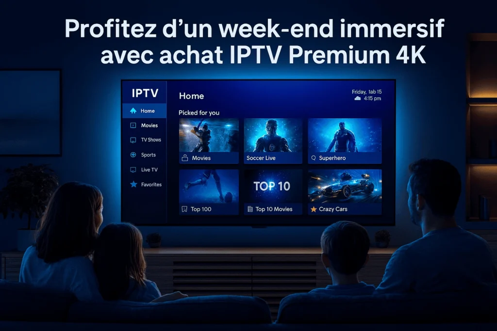 Hero banner illustrating achat IPTV Premium 4K with a modern living room and futuristic IPTV interface