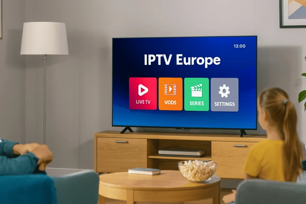 iptv anbieter showcasing IPTV Europe with a modern smart TV setup for families