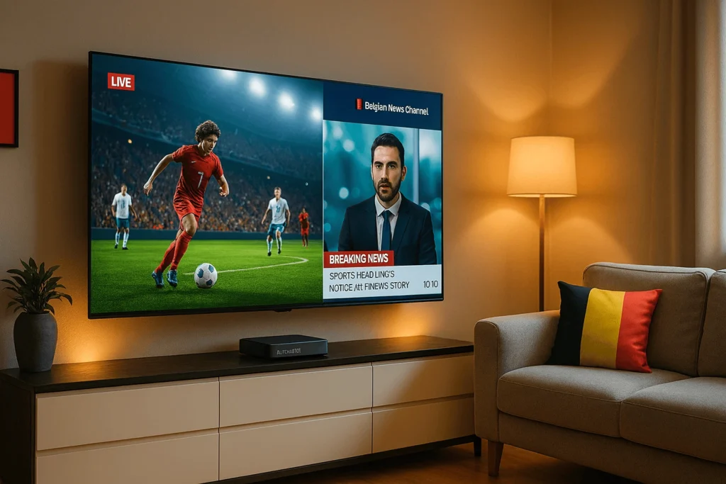 "Best IPTV Belgique 2025 setup in a modern Belgian living room with 4KSMART IPTV streaming live sports and news in crystal-clear quality
