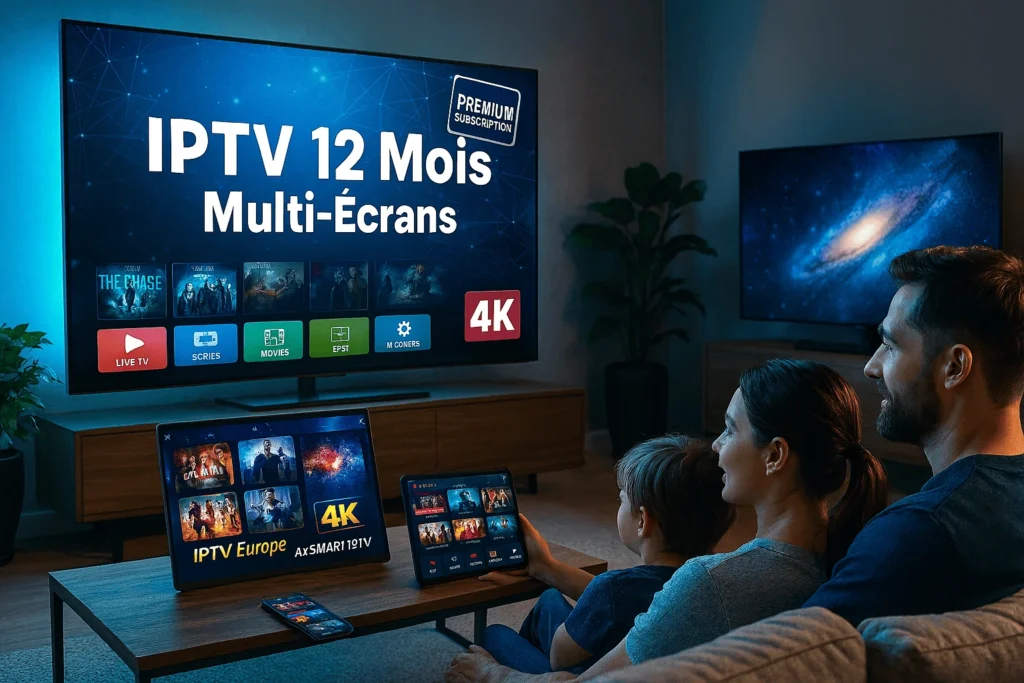 Hero banner showcasing IPTV 12 Mois Multi‑Écrans with premium 4K streaming on multiple devices