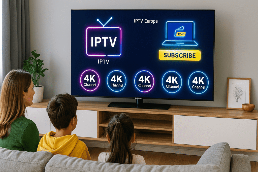 Activation IPTV 12 mois – modern living room with smart TV showing IPTV Europe interface and glowing 4KSMART IPTV icons.