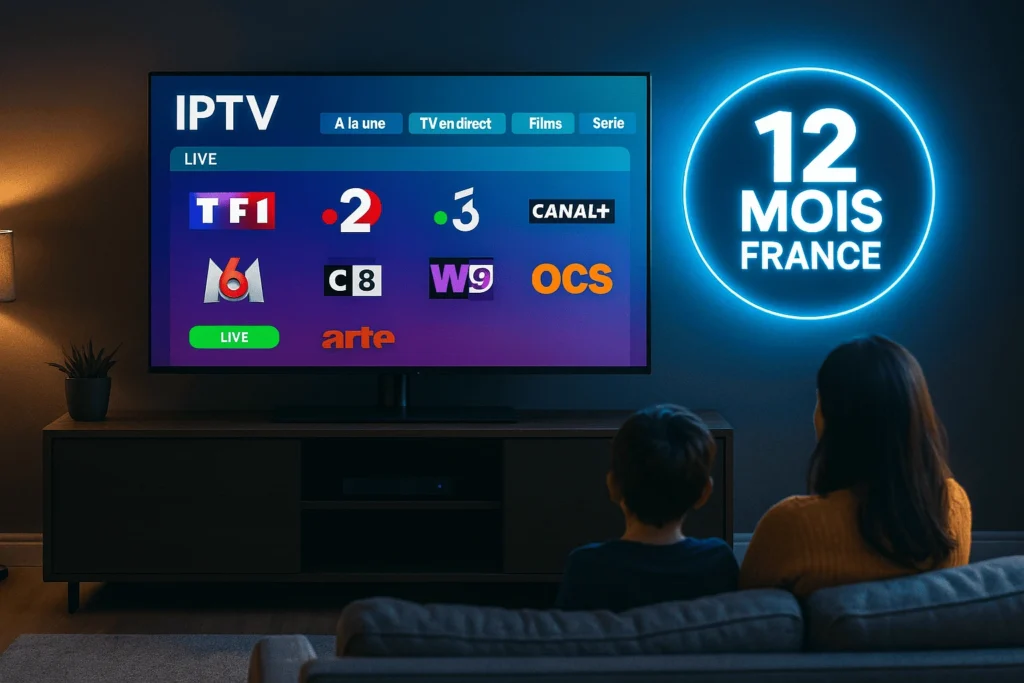 Hero banner showing IPTV 12 Mois France subscription with chaînes françaises IPTV in 4K quality