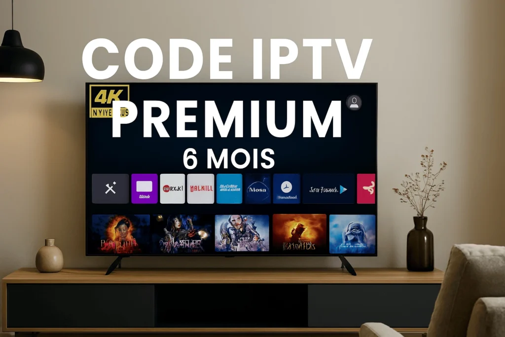 Code IPTV Premium 6 Mois hero image showing 4K streaming on smart TV for meilleur IPTV France