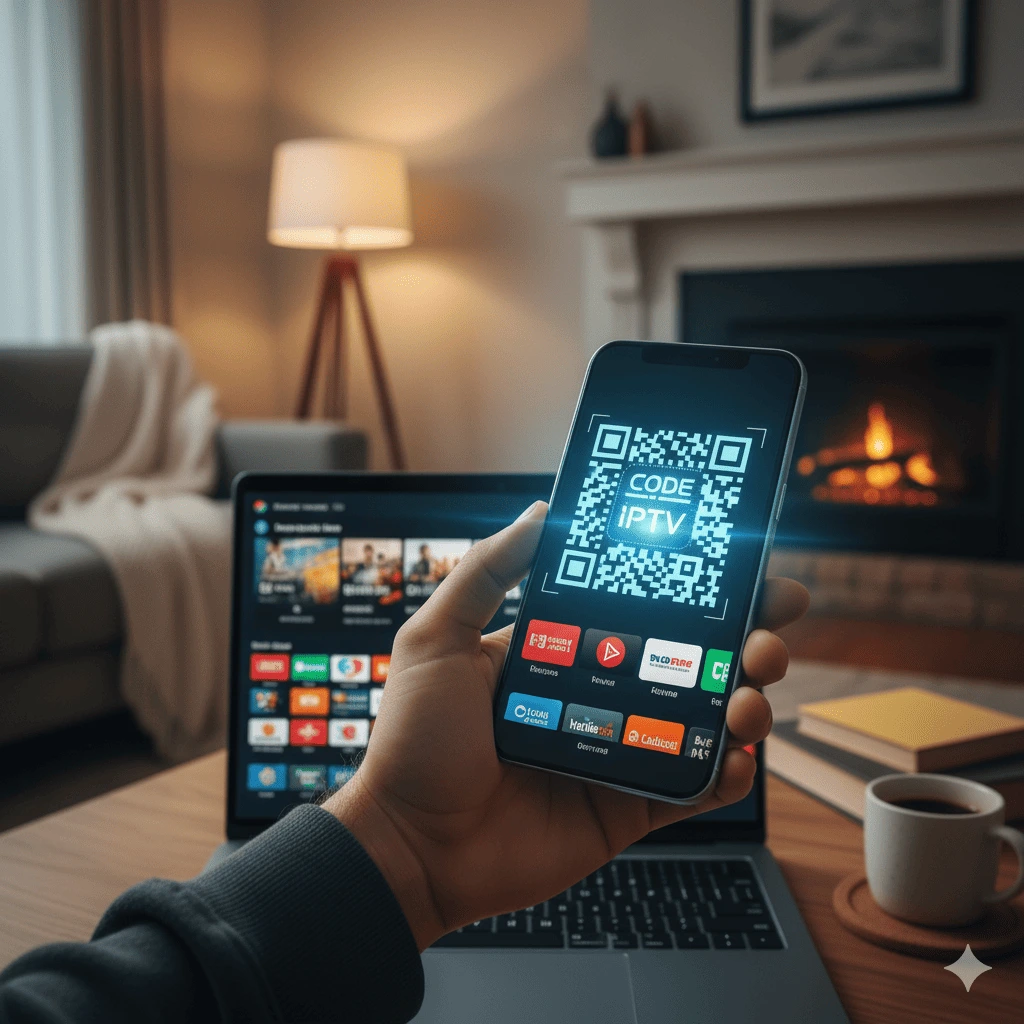 Digital interface showing an $\text{acheter code IPTV}$ transaction and streaming content, highlighting the ease of getting an $\text{IPTV exclusif}$ subscription.