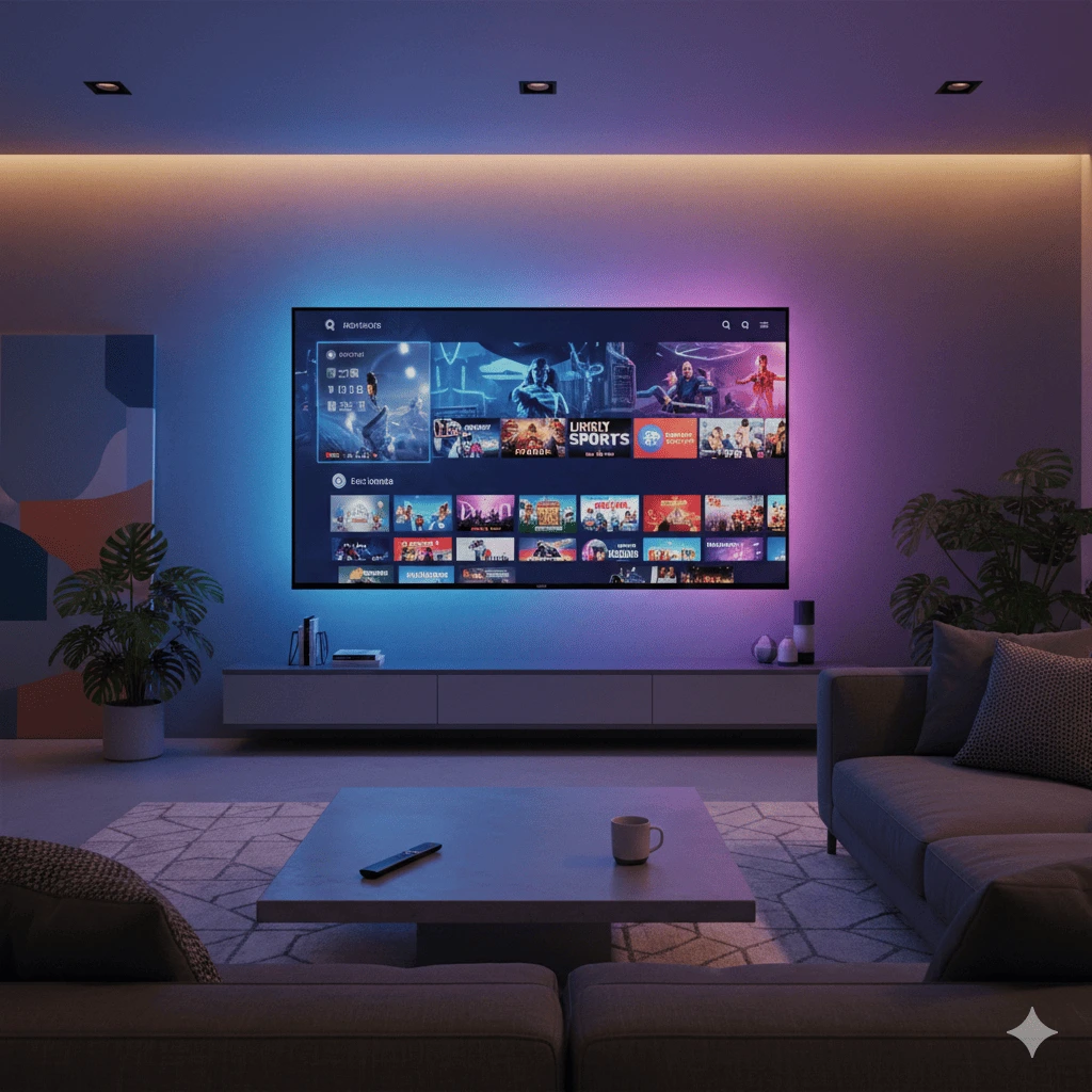 Salon moderne avec TV 4K affichant un service IPTV de haute qualité, symbolisant un abonnement IPTV pas cher France.