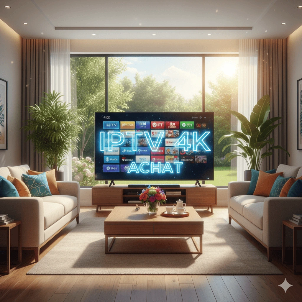 Modern living room with 4K Smart TV displaying IPTV channel grid, highlighting the benefits of $\text{iptv achat}$ and $\text{iptv 4K}$.
