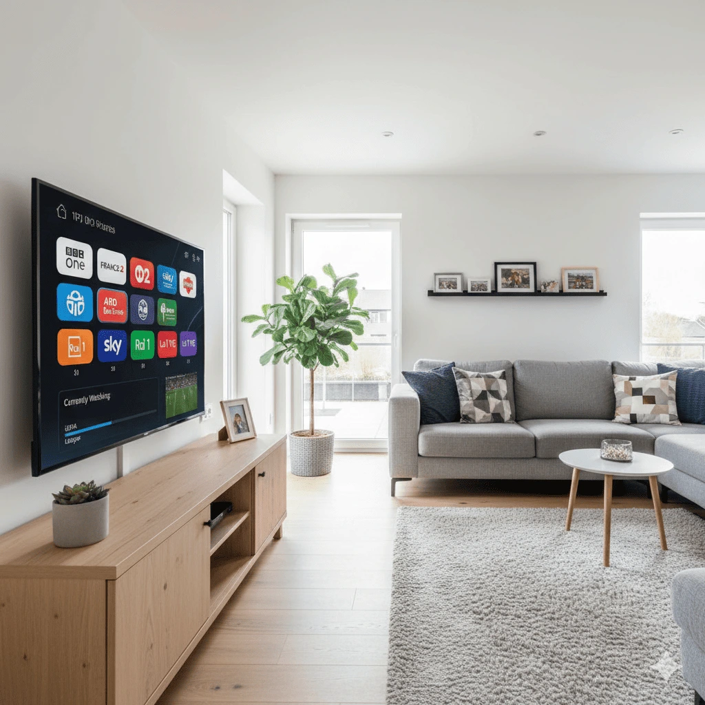 Interface moderne d’un abonnement IPTV Europe dans un salon familial