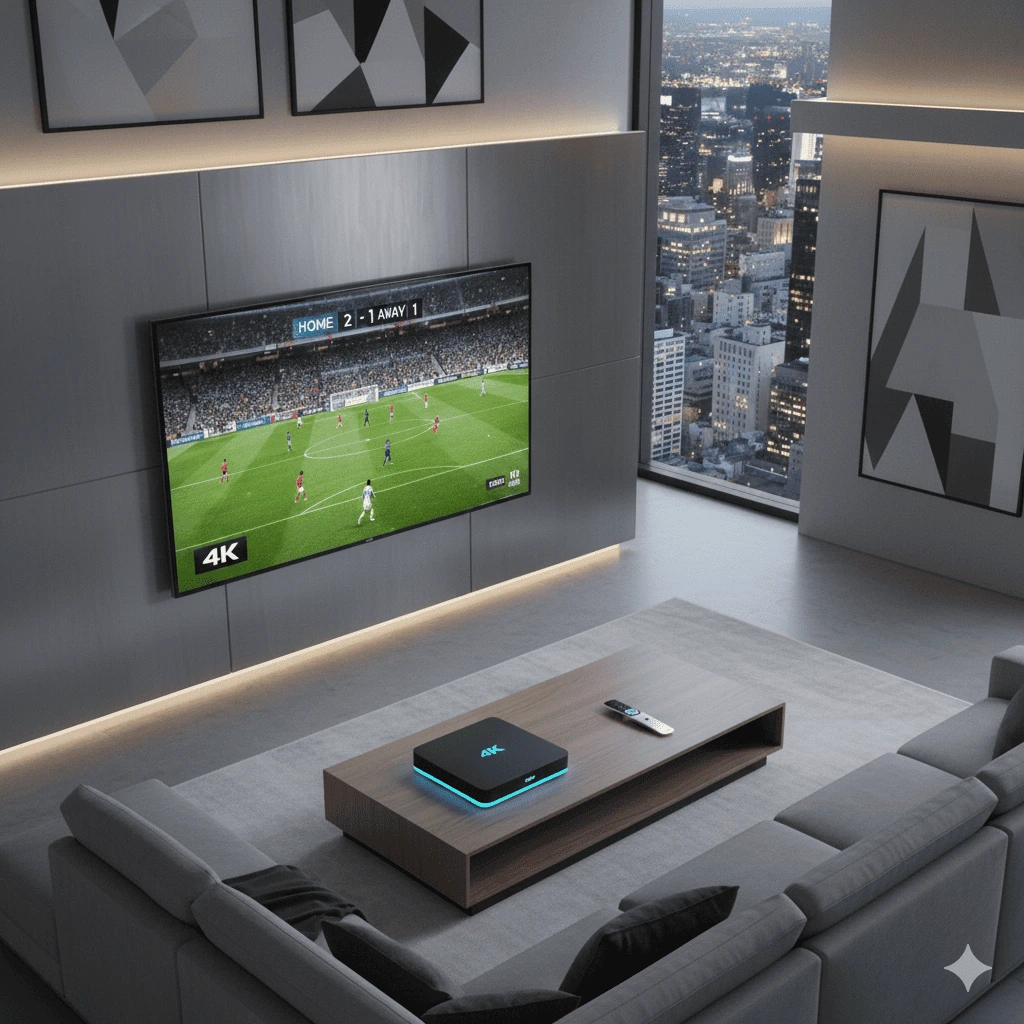 Hochwertiges IPTV Europe Streaming-Erlebnis, dargestellt durch ein 4K-Fernsehbild und eine moderne Fernbedienung