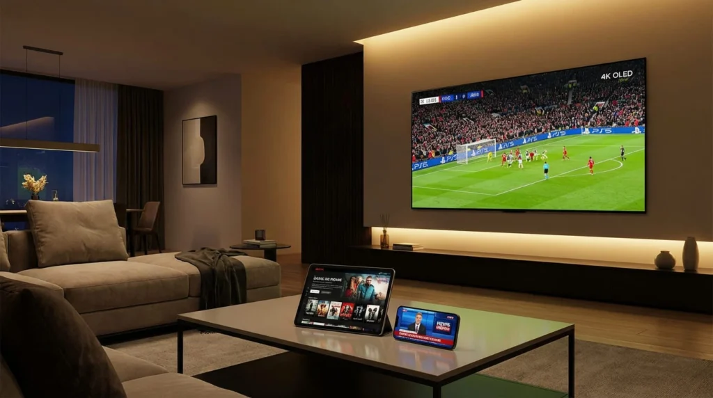  Un salon moderne avec une grande TV 4K et des appareils mobiles diffusant du contenu via un abonnement IPTV 12 Mois Multi-Écrans.