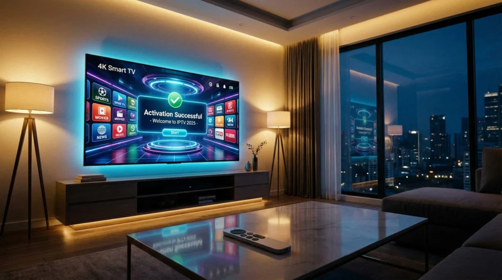  Vue d'ensemble d'un salon moderne avec un grand écran affichant une interface réussie d'activation de code IPTV pour l'année 2025
