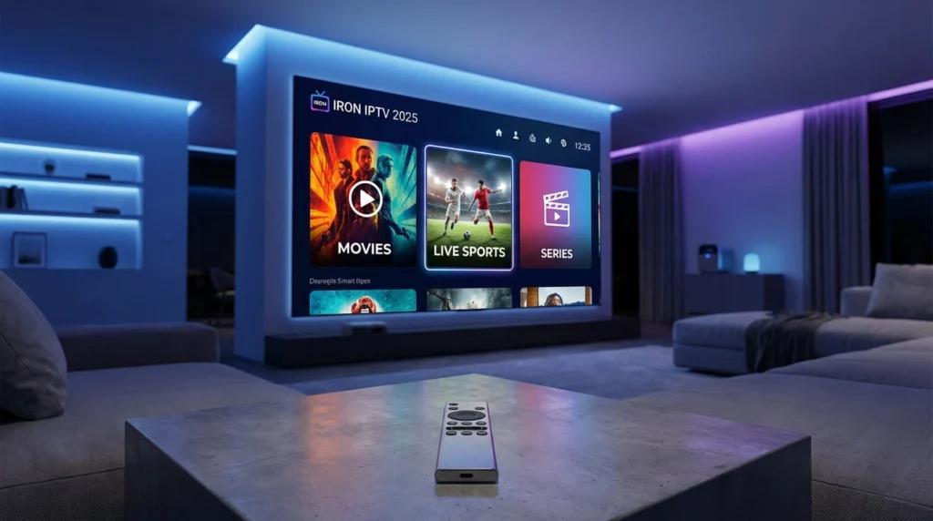A premium home cinema setup featuring the interface of Iron IPTV 2025 with vibrant 4K streaming content displayed.