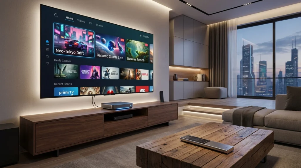  Salon moderne avec un IPTV boitier prix abordable connecté à une télévision 4K, illustrant les tendances de divertissement à domicile pour le prix boîtier IPTV 2025.