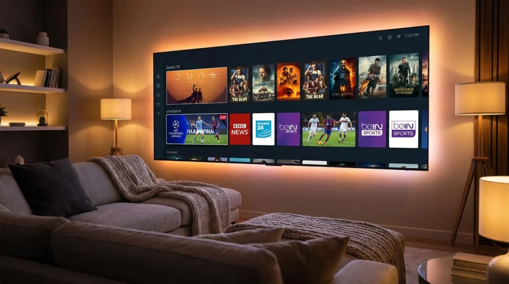 Un salon moderne avec une grande Smart TV affichant une interface riche en contenus variés, illustrant l'expérience d'une offre iptv 6 mois pas cher pour smart tv