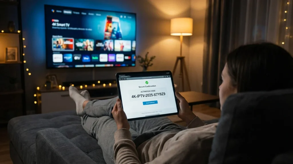 Une personne dans un salon moderne finalisant un code iptv achat en ligne a prix pas cher sur une tablette, avec la télévision 4K prête à l'emploi en arrière-plan.